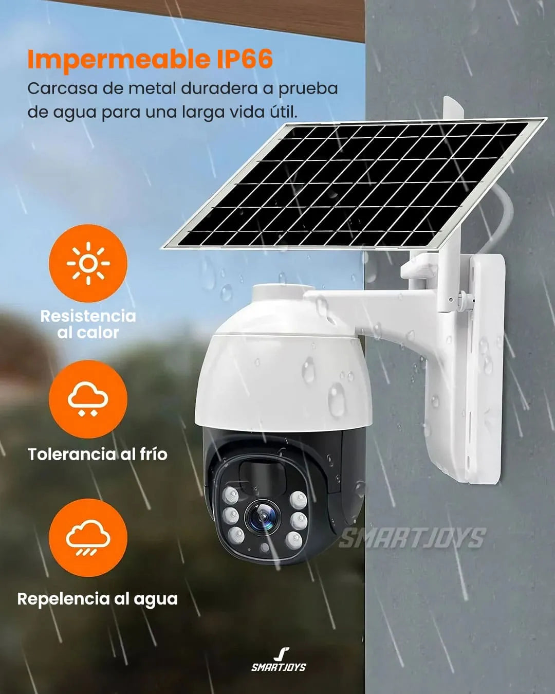 Cámara solar de seguridad para exteriores – sin cables, inalámbricas, con panel solar fijo, vista panorámica de 360°