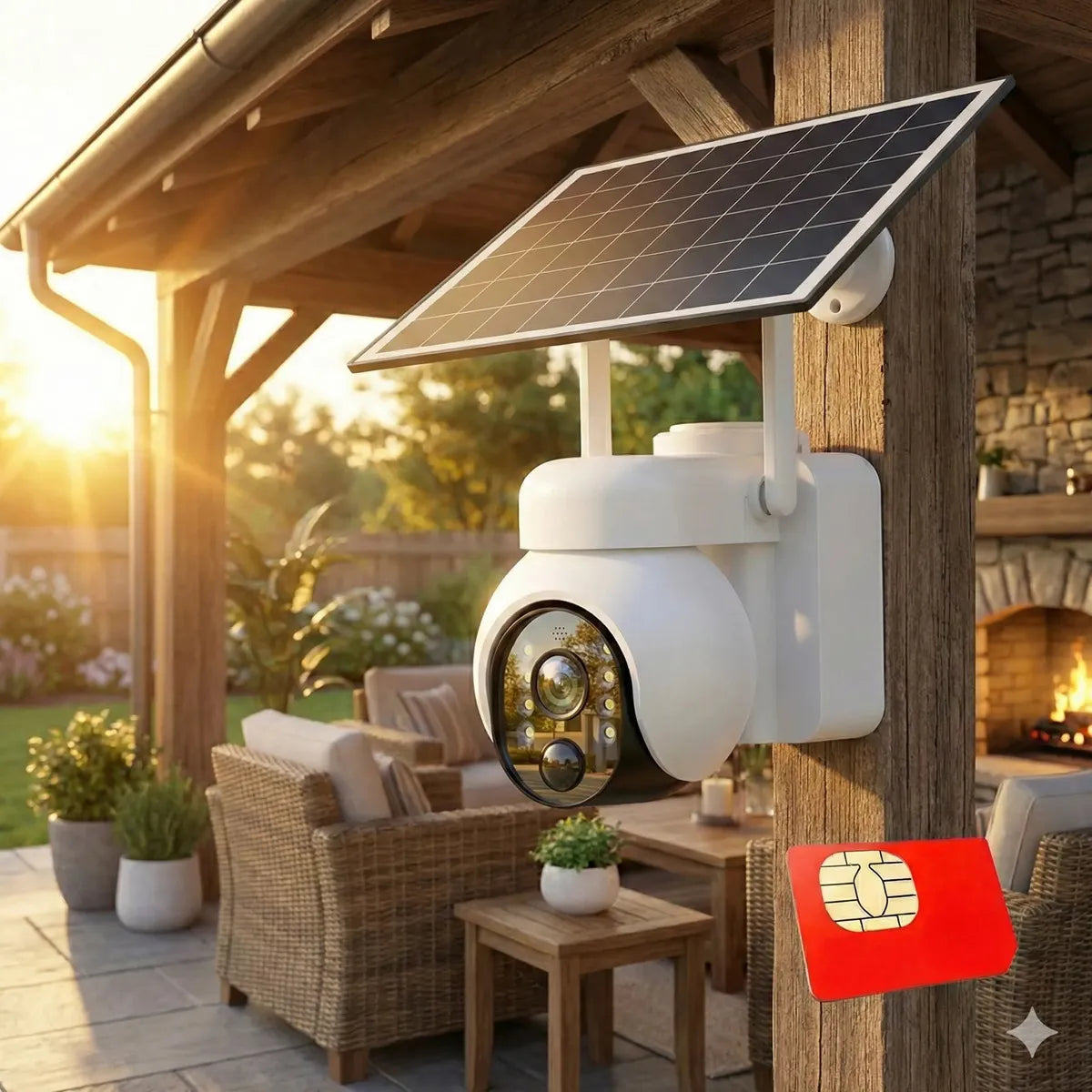 Cámara solar de seguridad para exteriores – sin cables, inalámbricas, con panel solar fijo, vista panorámica de 360°